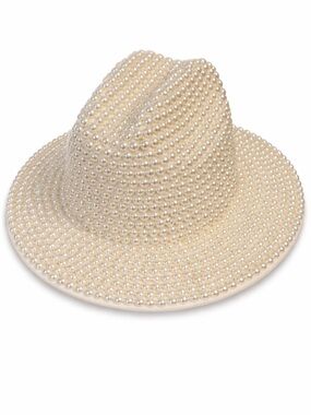Pearl-Embellished Wide Brim Hat - Cream